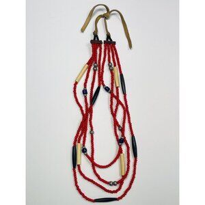VTG 22" Native American Red Bone Graduated Multi-Strand NECKLACE w/ Leather Tie